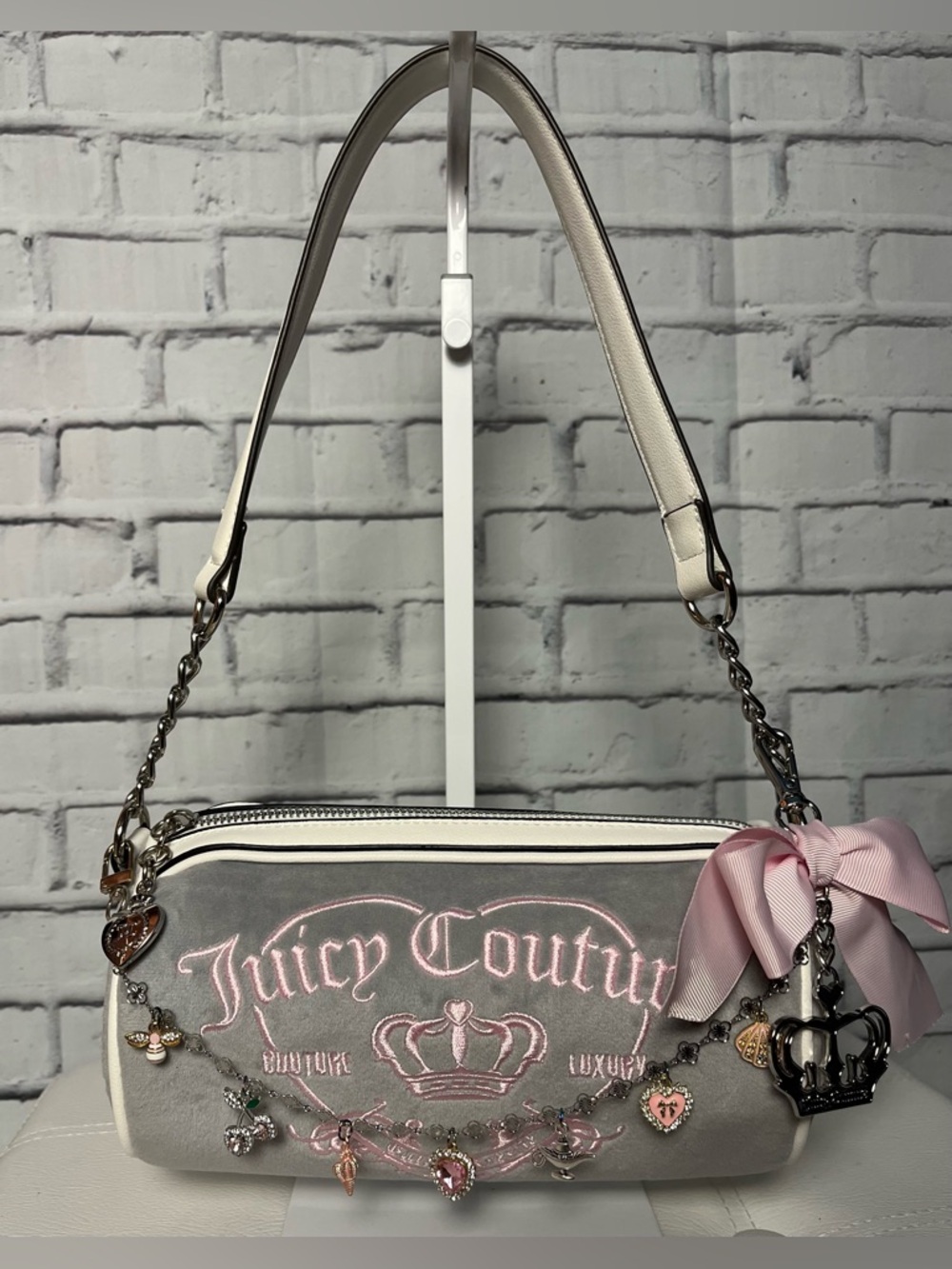 RARE Juicy Couture Velour Gray Shoulder Bag w/ Pink Embroidery & Charms